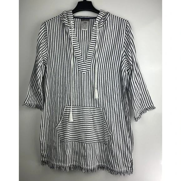 Tommy Bahama Yarn Dyed Striped Cotton Hoodie Pullover Swim Cover Beach Top Large - Picture 2 of 9